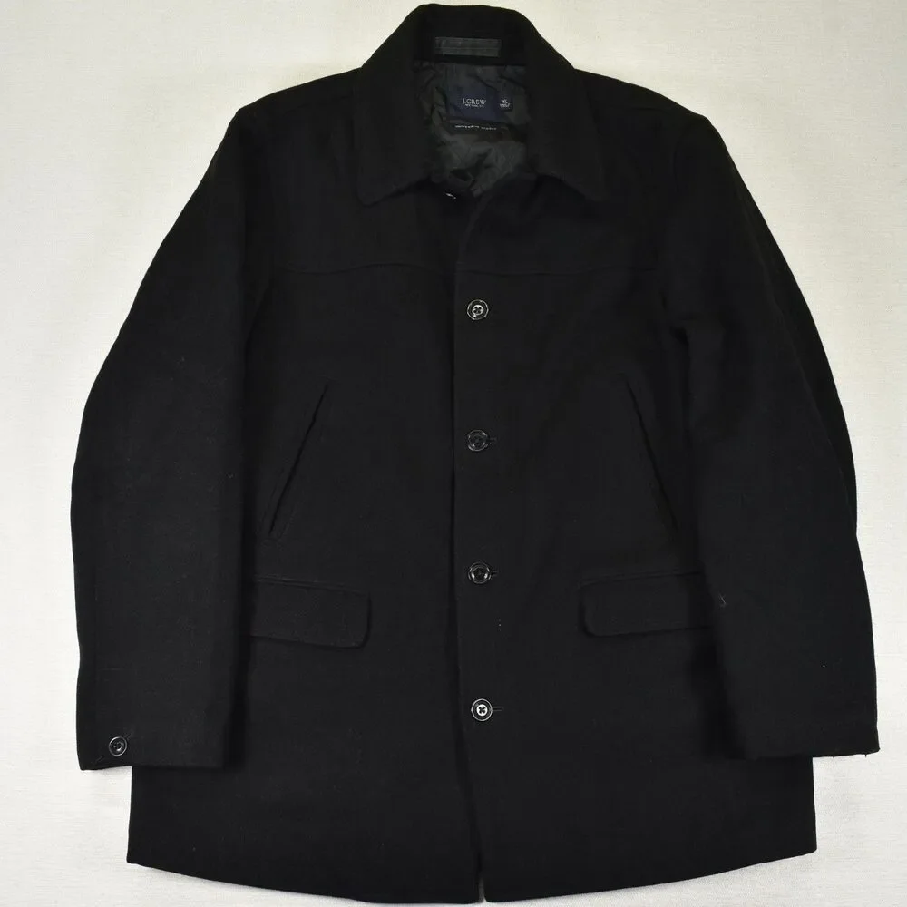 J.Crew University Jacket Mens XL Black Wool Blend Quilted Insulated Car Coat Vtg
